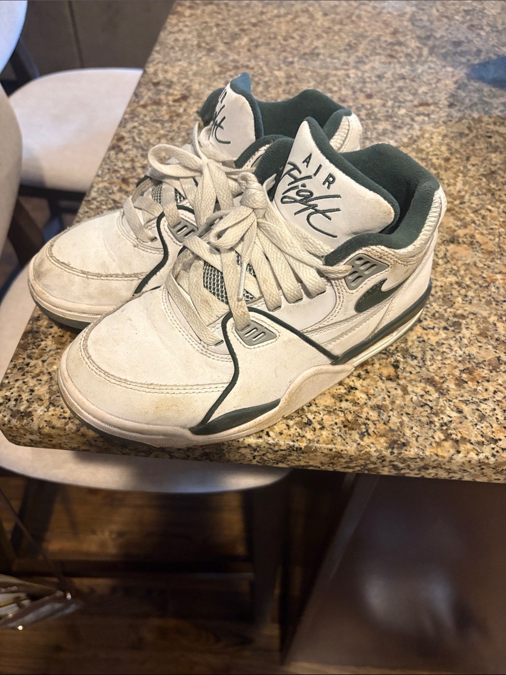 Nike White and Dark Green Air Flight Basketball Sneakers